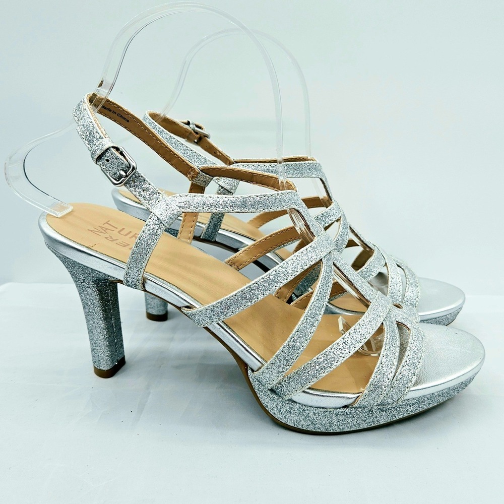Naturalizer Baylor Silver Glitter Strappy Platform Sandals Heels Womens 8.5M
